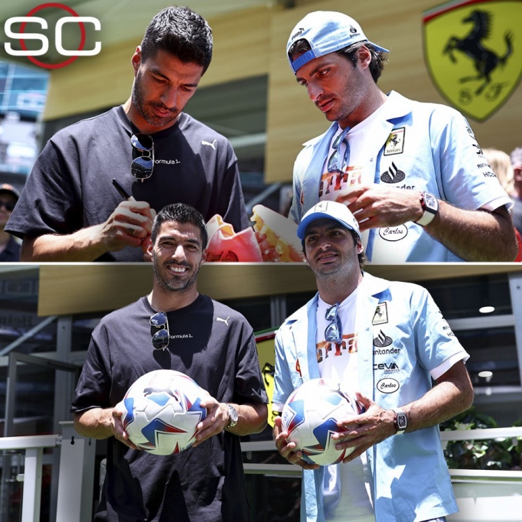 苏亚雷斯现身F1迈阿密大奖赛，与法拉利车手塞恩斯互赠签名
