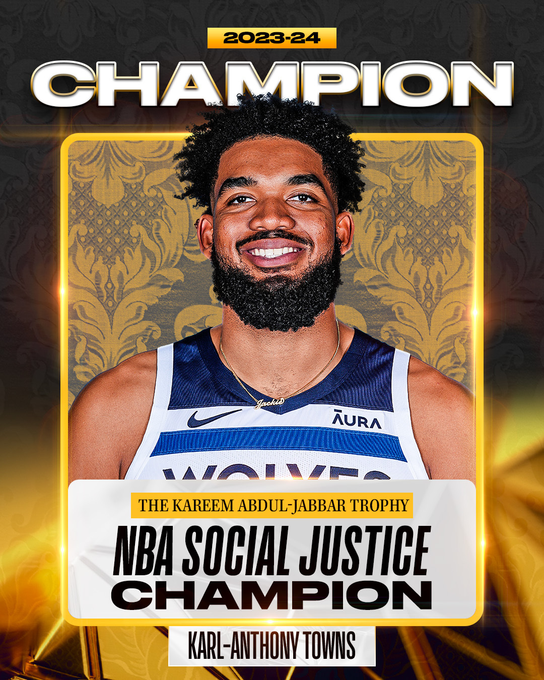 NBA官方：唐斯获年度社会正义冠军 将领取贾巴尔奖杯