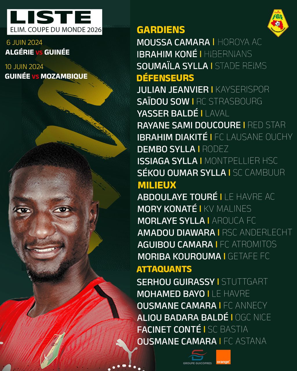 几内亚最新一期世预赛大名单：斯图加特锋霸吉拉西领衔