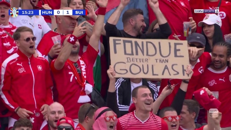 舌尖上的欧洲杯球迷举牌：瑞士奶酪火锅比匈牙利汤好吃