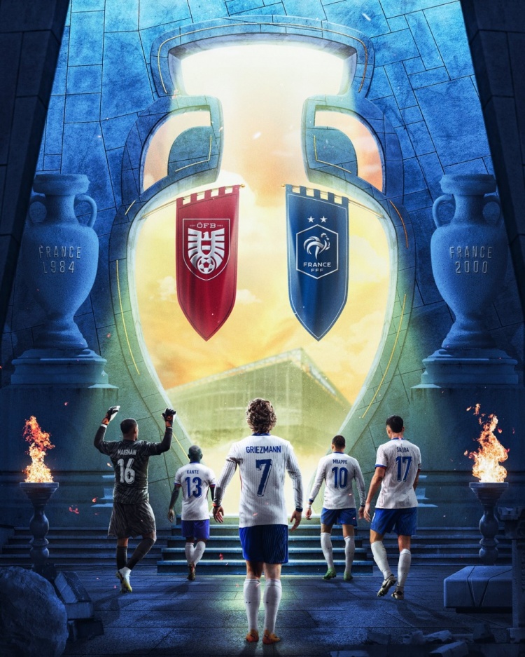 法国队欧洲杯首战海报：姆巴佩、格列兹曼等球员走向德劳内杯
