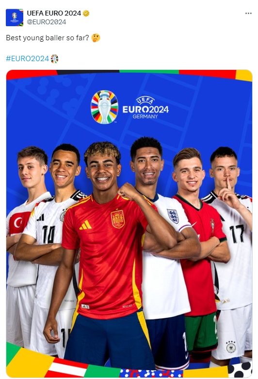 你认为呢？欧洲杯官推晒新星图：目前为止最好的年轻球员？