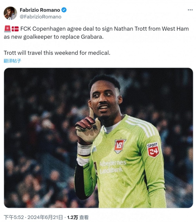 罗马诺：哥本哈根将签下西汉姆门将特洛特，球员周末前往丹麦体检