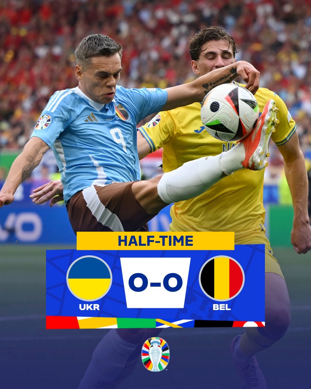 半场-乌克兰暂0-0比利时 卢卡库失良机德布劳内屡遭激光笔干扰