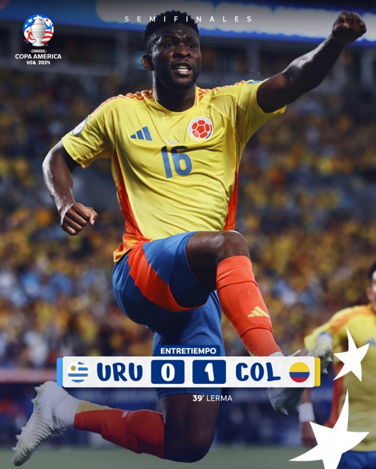半场-哥伦比亚1-0乌拉圭 J罗助攻创纪录莱尔马破门穆尼奥斯染红